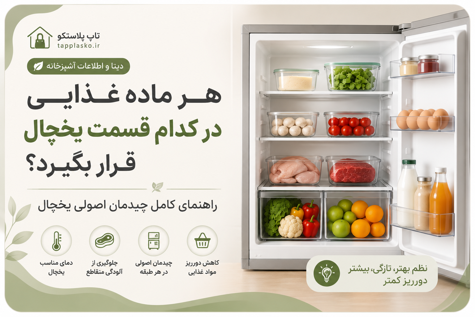 هر ماده غذایی در کدام قسمت یخچال قرار بگیرد؟ راهنمای چیدمان اصولی یخچال