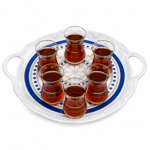 سینی گرد دستهدار طرح آبی و طلایی پلاستیکی پذیرایی بزرگ
