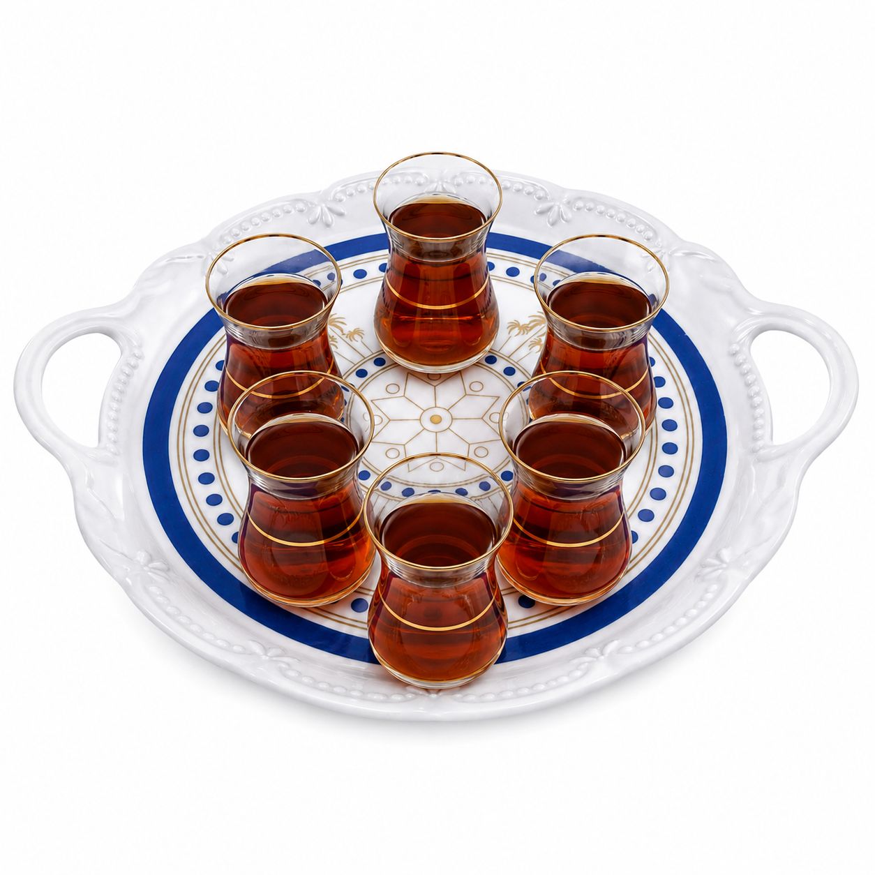 سینی گرد دسته‌دار طرح آبی و طلایی ملامین پذیرایی متوسط