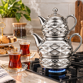 ست کتری و قوری سرامیکی طرح الماس نقرهای به همراه وارمر