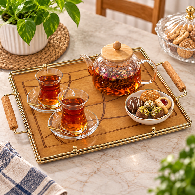 سینی پذیرایی چوبی مستطیلی با دسته چوبی